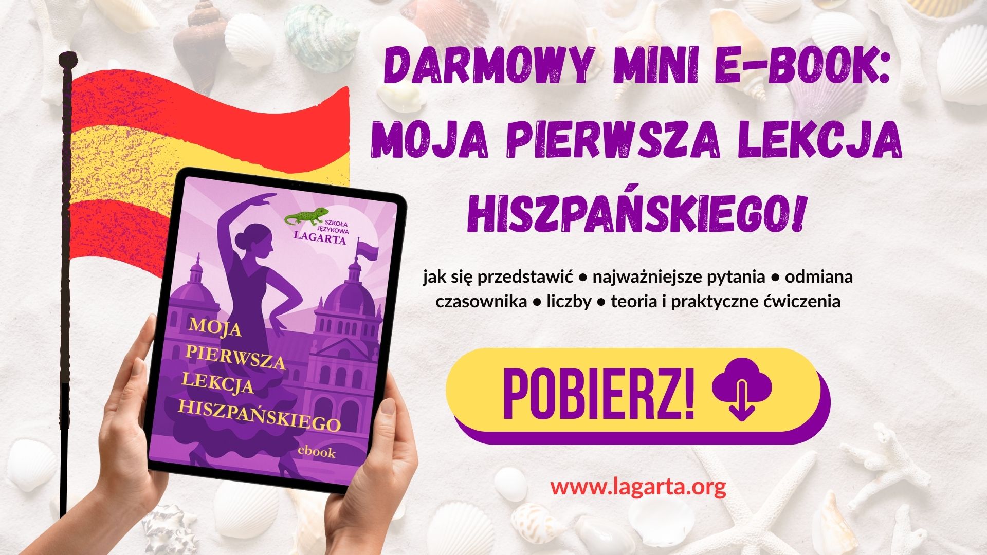 Okładka darmowego e-booka hiszpański dla początkujących – Szkoła Językowa Lagarta